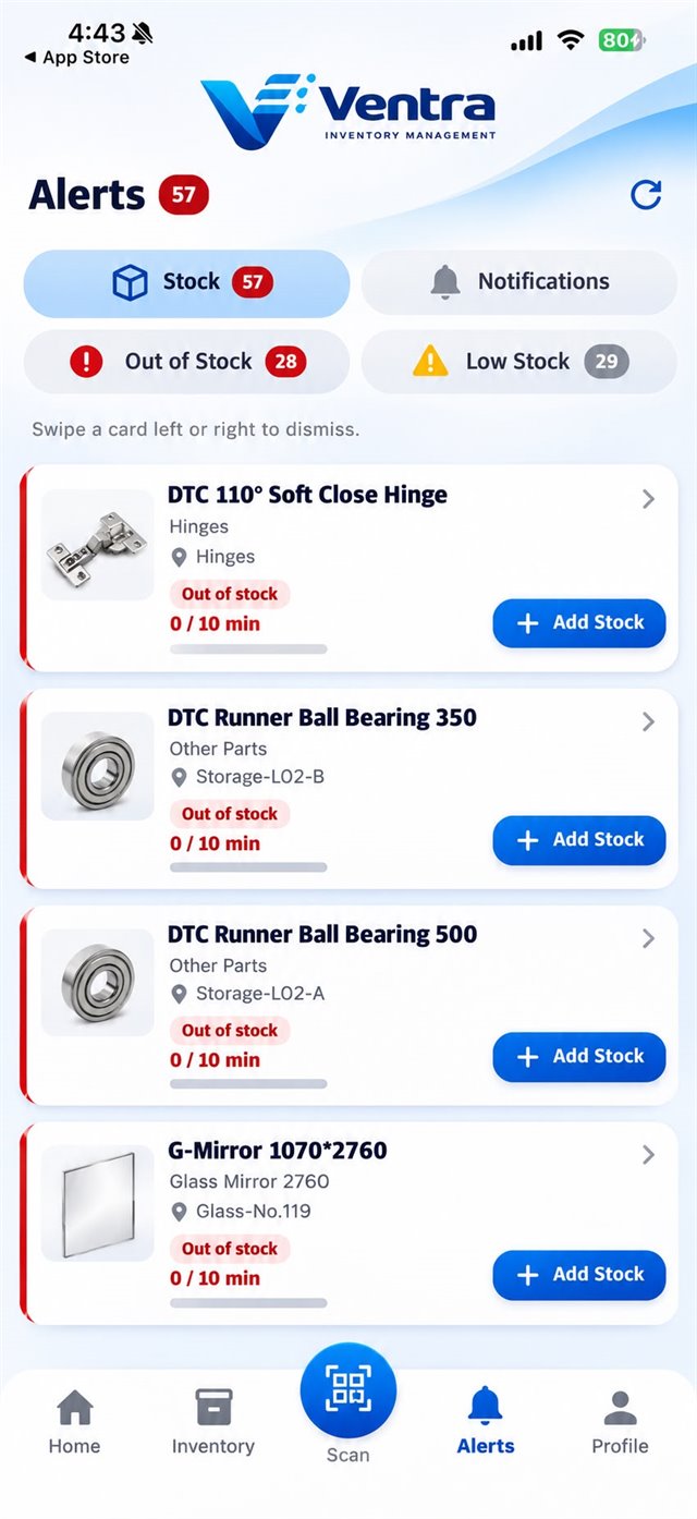 Ventra alerts screen listing low and out-of-stock products