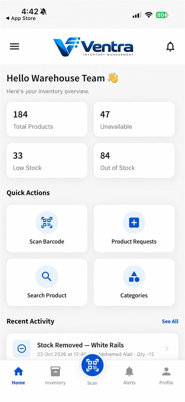 Ventra app home screen with total products, low stock and out-of-stock counts