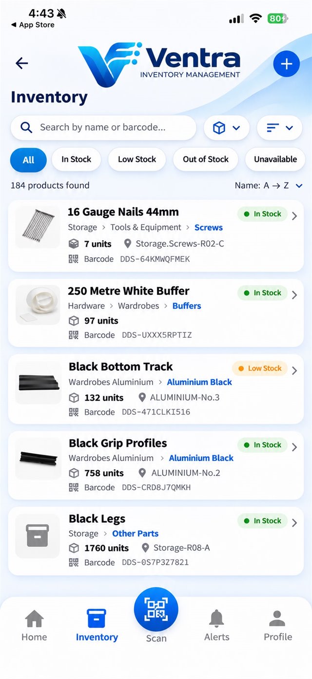 Ventra inventory list with search and stock filters