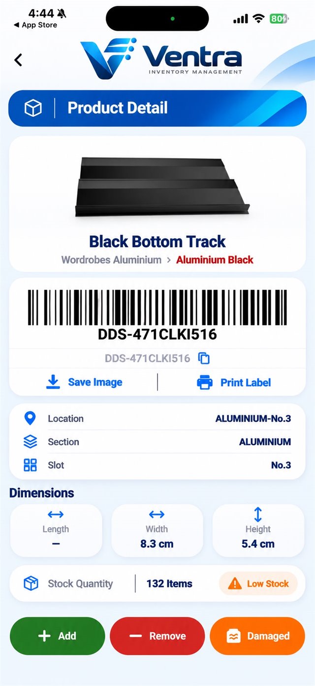 Product detail with barcode, location, dimensions and stock quantity