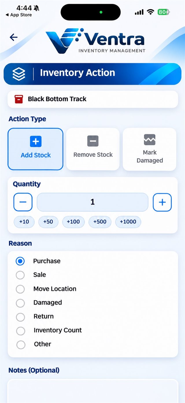 Inventory action screen to add, remove or mark stock as damaged